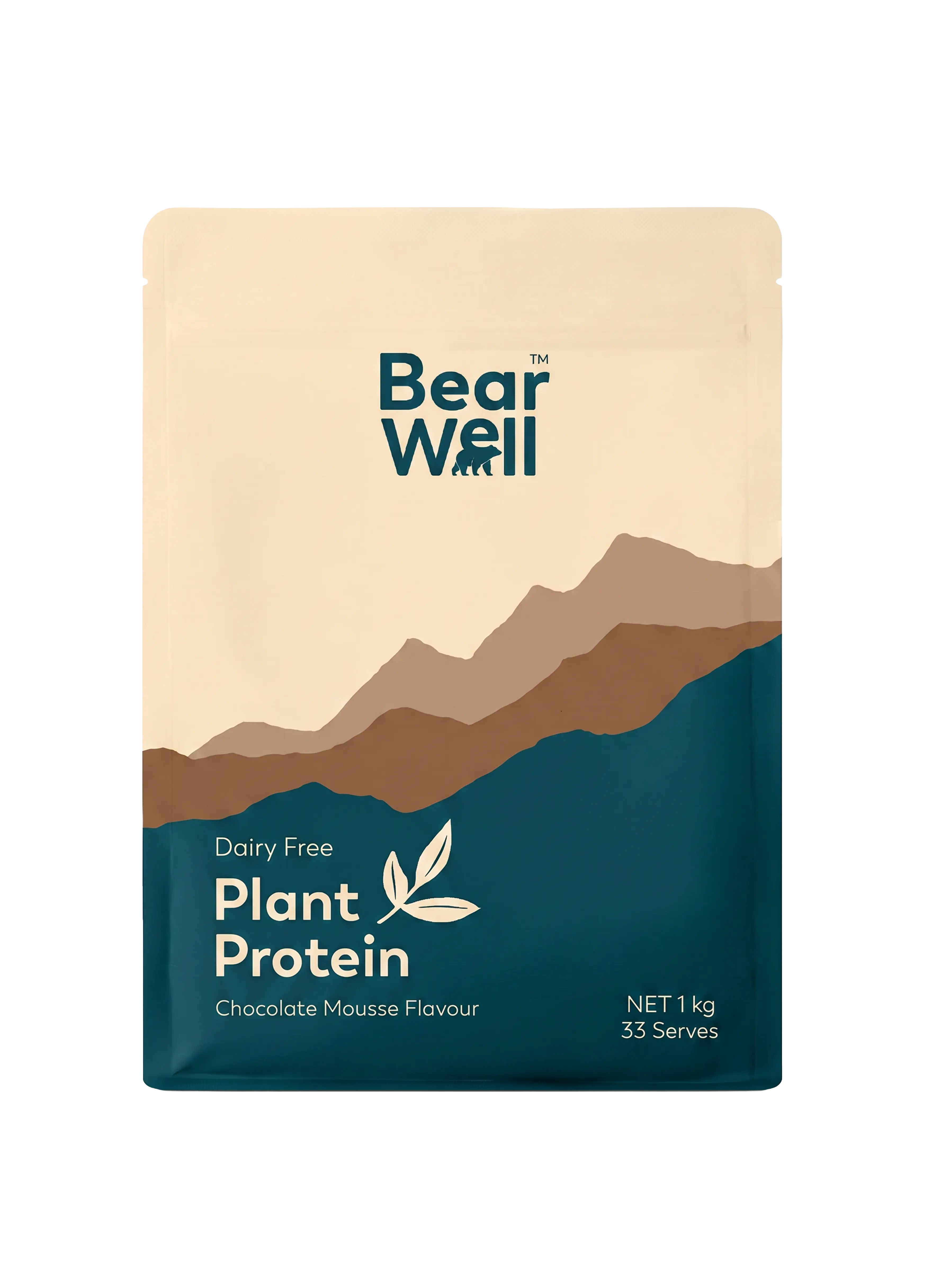 A bag of BearWell Plant Protein in Chocolate Mousse flavour. Visible ins the product information and branding