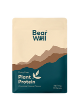 A bag of BearWell Plant Protein in Chocolate Mousse flavour. Visible ins the product information and branding