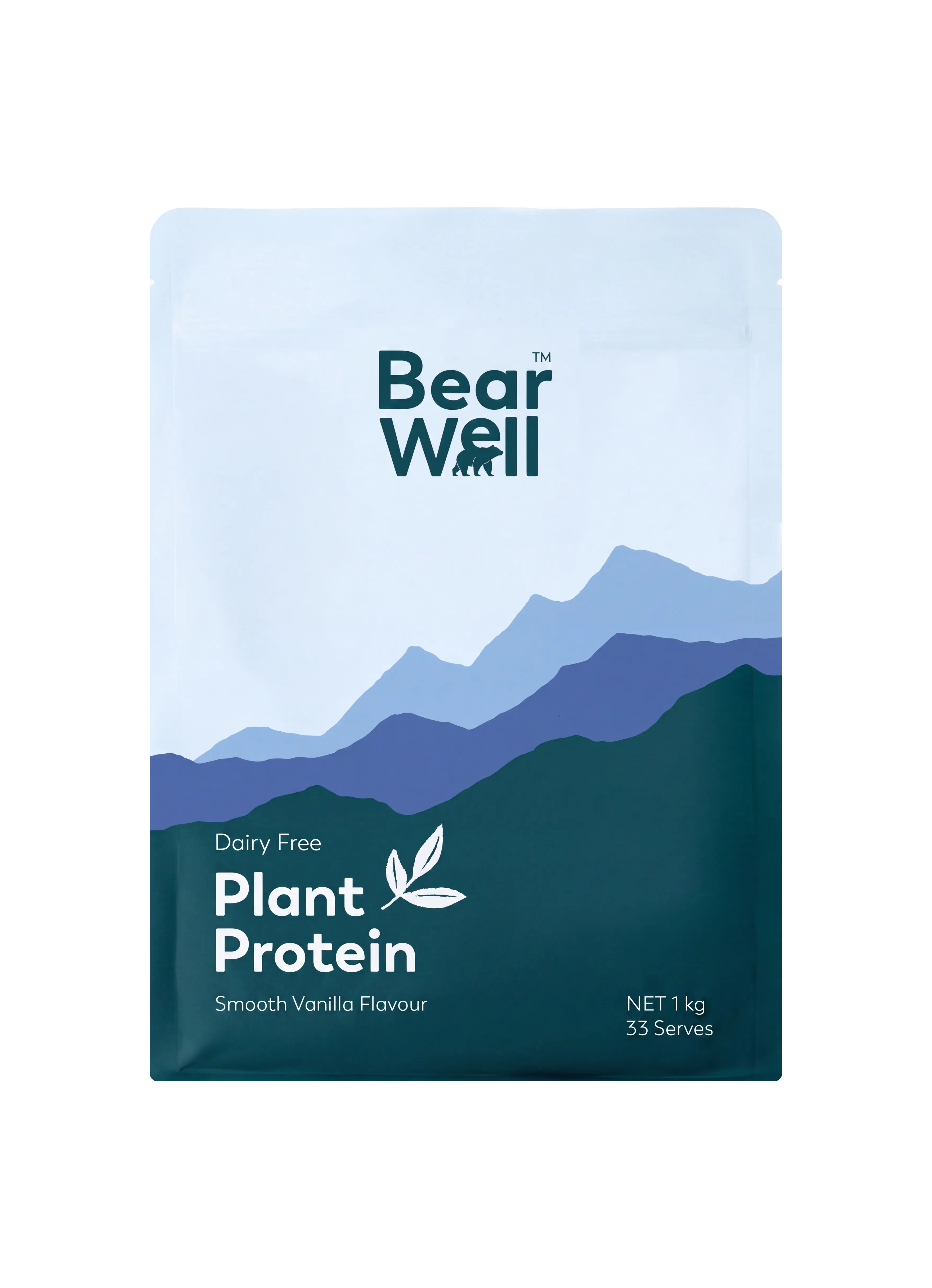 A bag of BearWell Plant Protein in Smooth Vanilla flavour. Visible ins the product information and branding