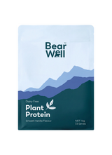 A bag of BearWell Plant Protein in Smooth Vanilla flavour. Visible ins the product information and branding