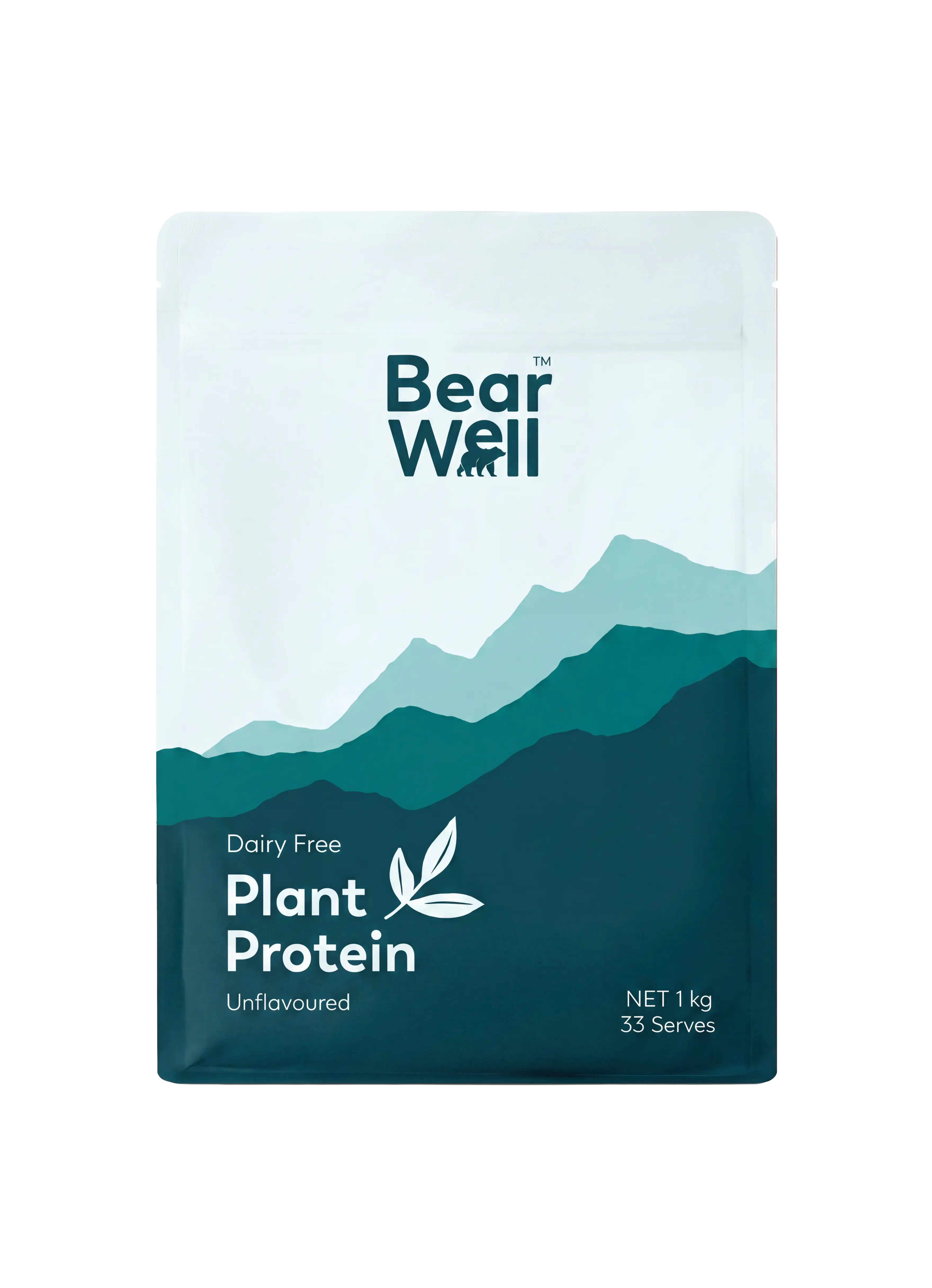 A bag of BearWell Plant Protein in Unflavoured version. Visible ins the product information and branding