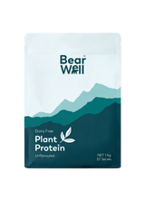 A bag of BearWell Plant Protein in Unflavoured version. Visible ins the product information and branding