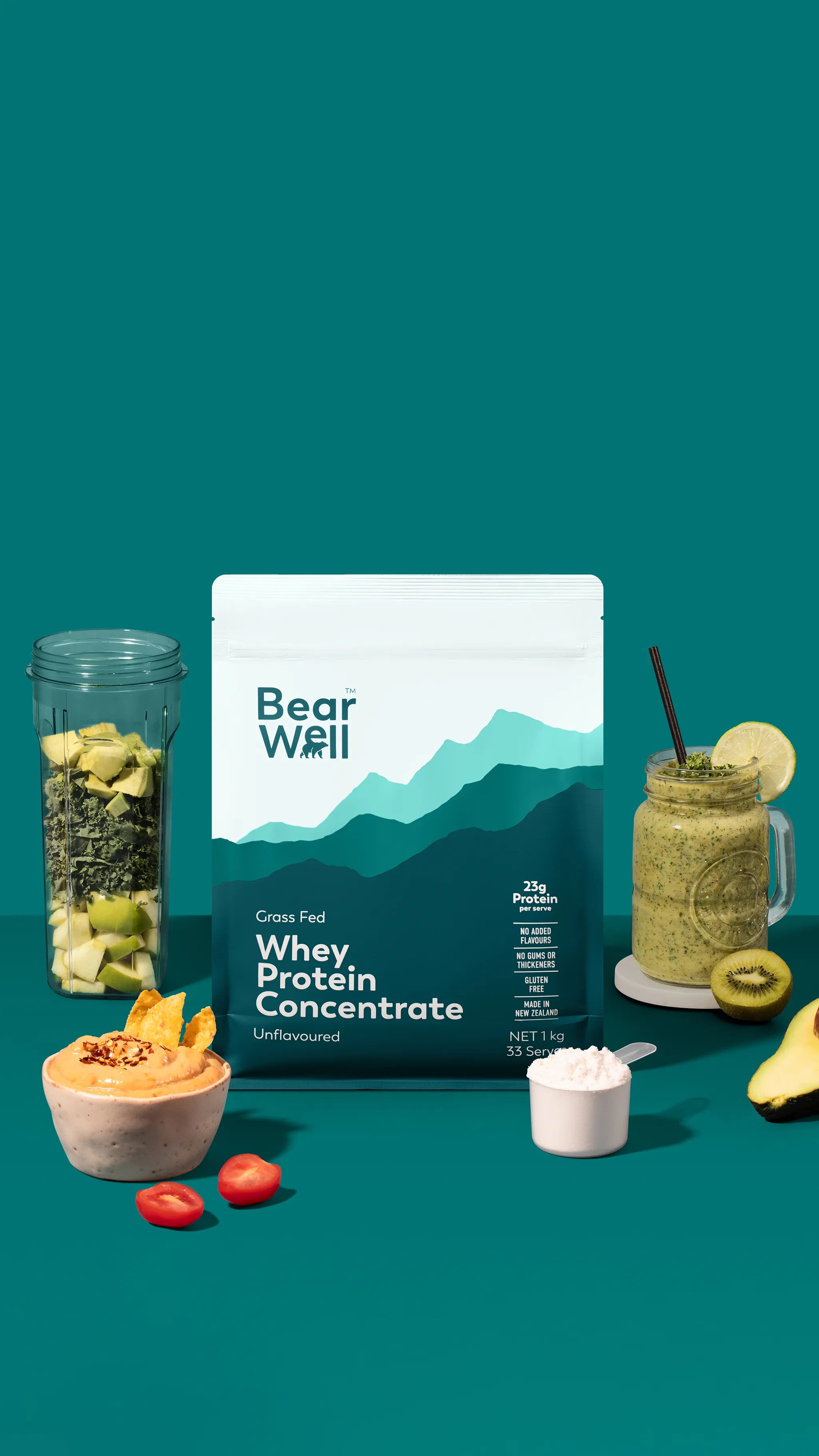 BearWell Unflavoured Whey Protein Concentrate 1kg bag surrounded by different smoothie mix's