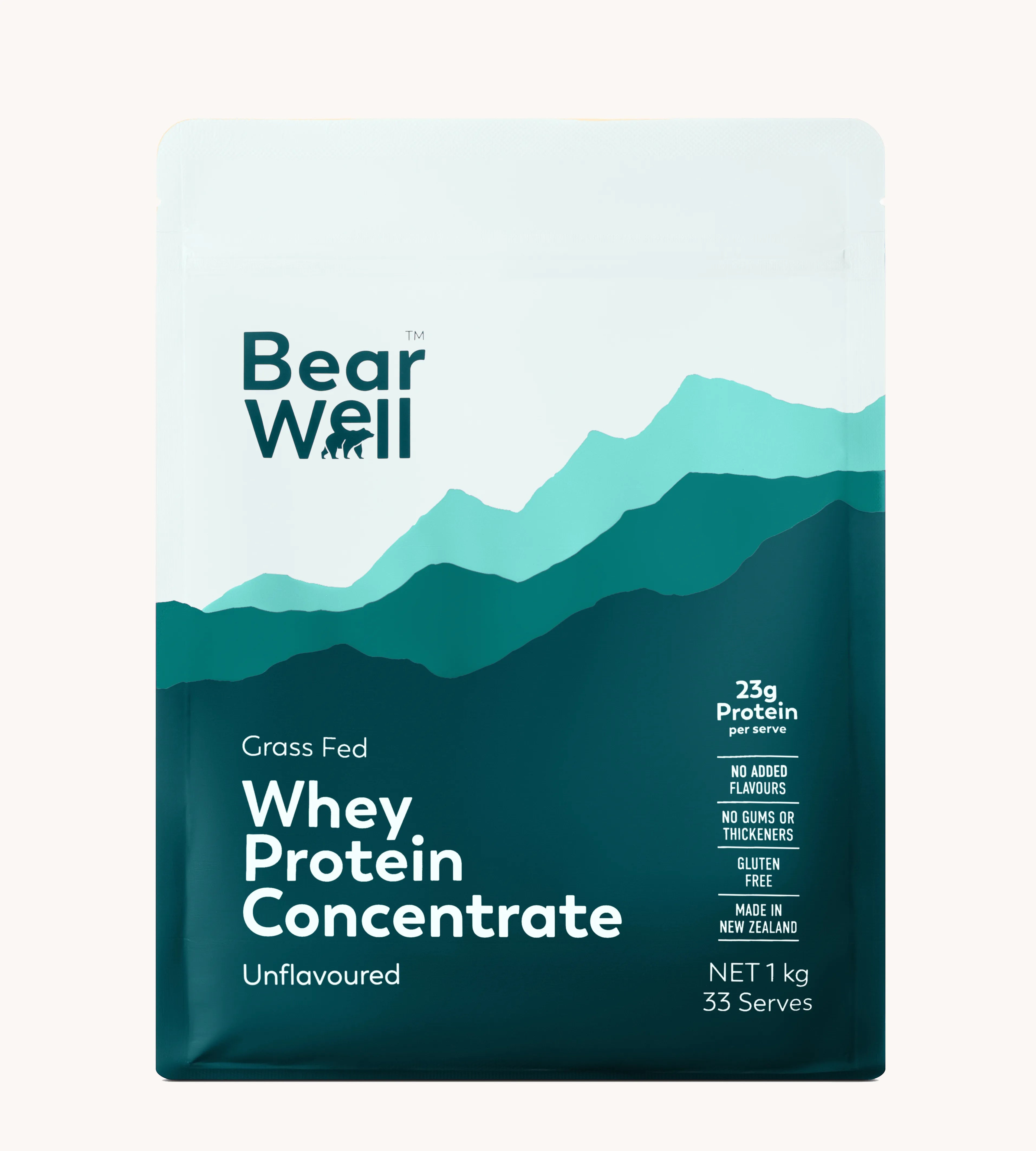 A package of Bear Well brand Whey Protein Concentrate, unflavored, with the BearWell branded graphic of mountains on the front of packaging and product information.