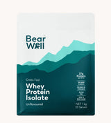 A 1kg package of BearWell Grass-fed Unflavoured Whey Protein Isolate, with branding and product information displayed on the front.