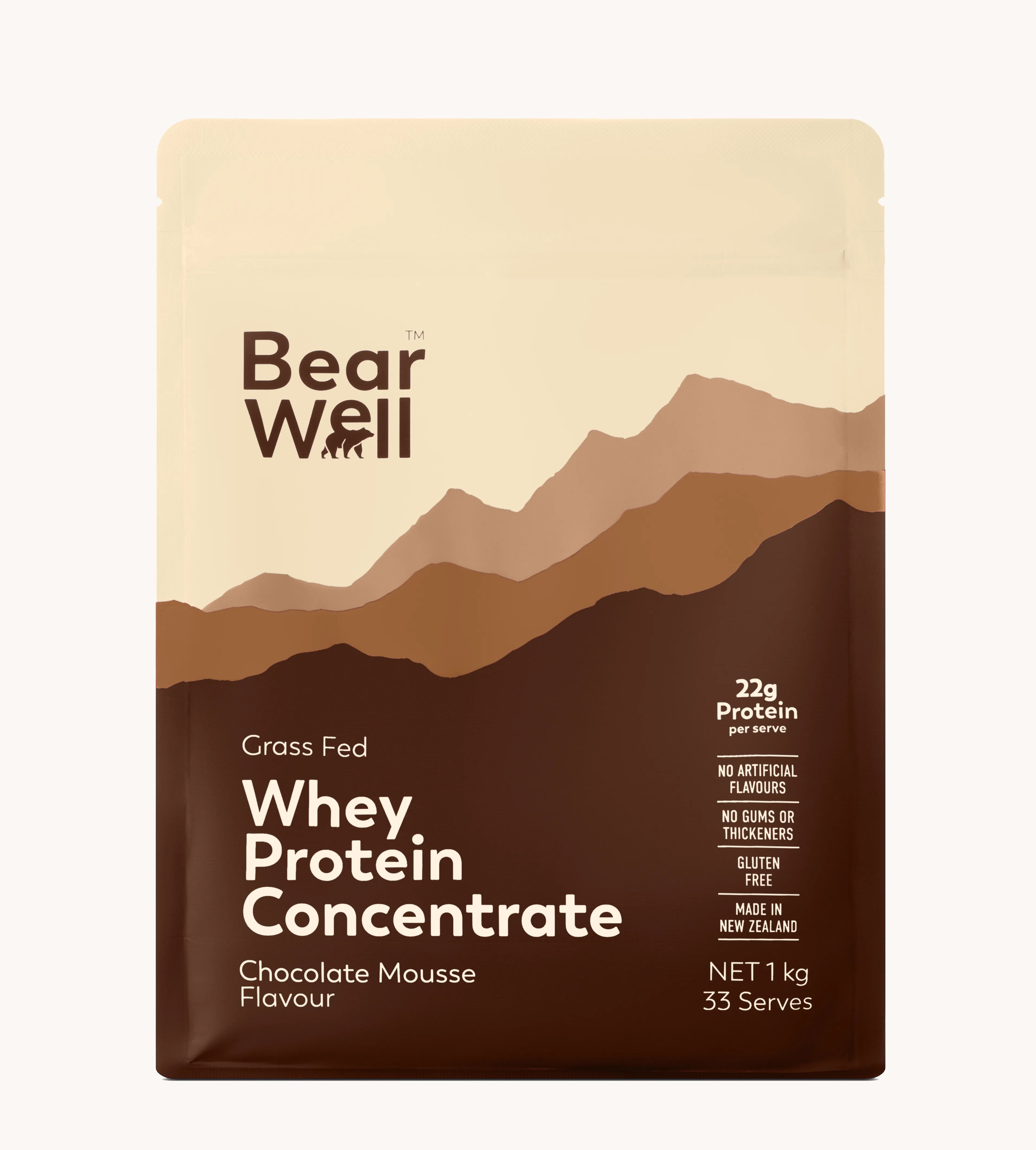 1kg Packaging of BearWell Grass Fed Whey Protein Concentrate in Chocolate Mousse flavour. The package is coloured in various shades of brown, with the brand logo and product details printed on the front.