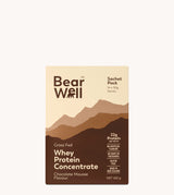 A 14x30g sachet pack of BearWell Whey Protein Concentrate, Chocolate Mousse flavour, 22g of Protein per sachet with the product branding and information visible.