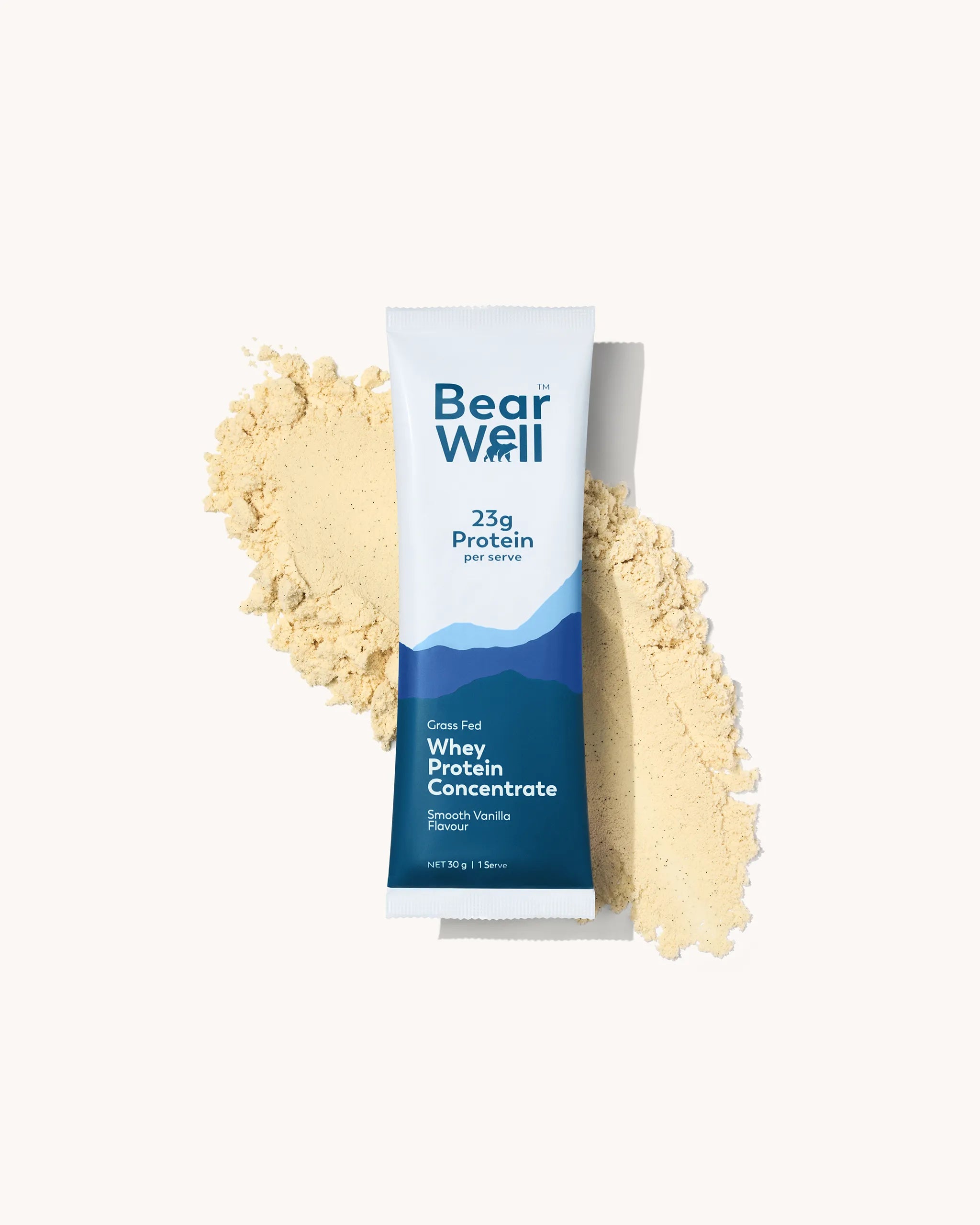 BearWell Whey Protein Concentrate-Smooth Vanilla Sachet with product  & branding information visible sitting on top of the a pile of the Vanilla Whey Protein