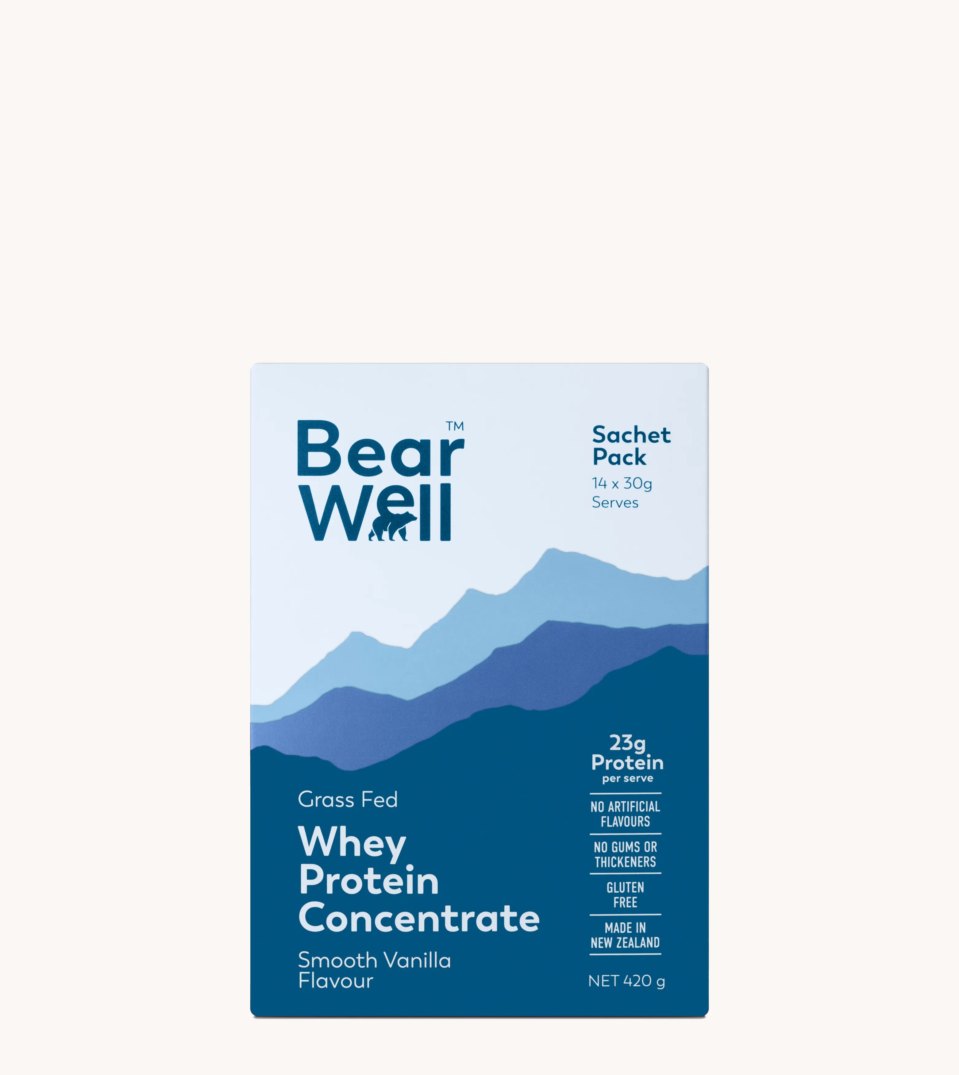 A sachet box of BearWell Whey Protein Concentrate in Smooth Vanilla flavour.