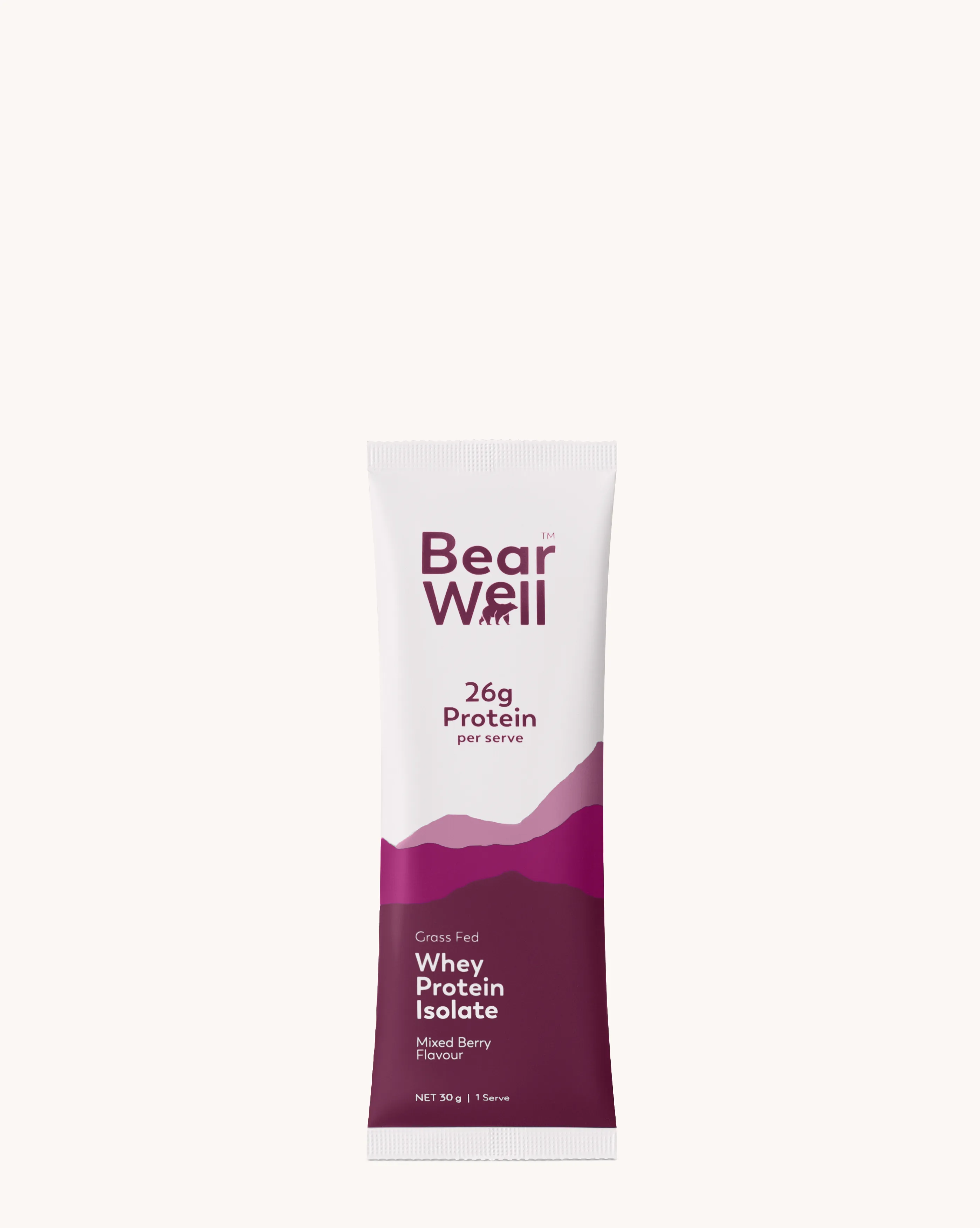 A 30g sachet of BearWell Whey Protein Isolate, Mixed Berry flavour, 26g of Protein with the product branding and information visible.