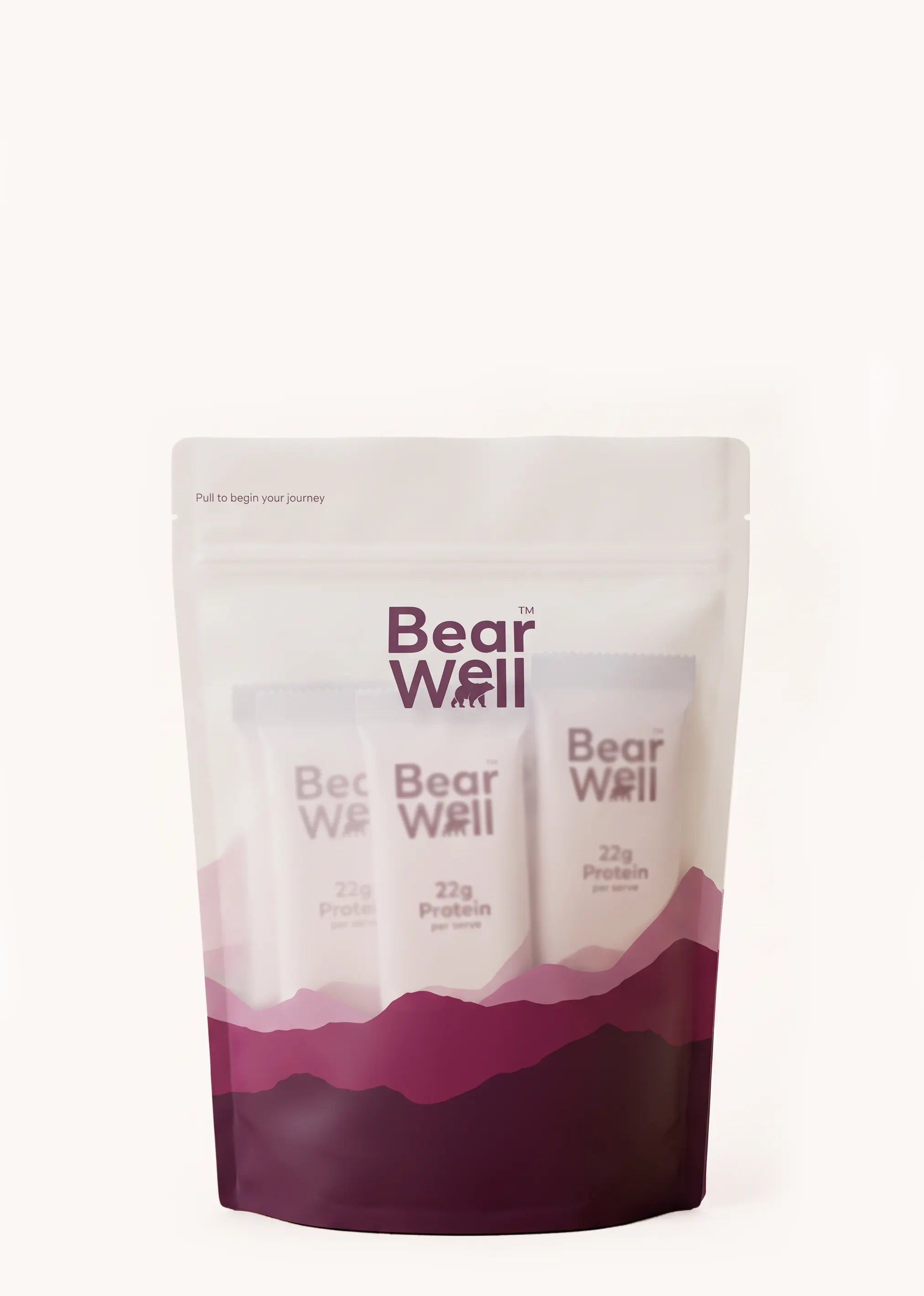 A 7x30g sachet pack of BearWell Whey Protein Concentrate, Mixed Berry flavour, 22g of Protein per sachet with the product branding and information visible.